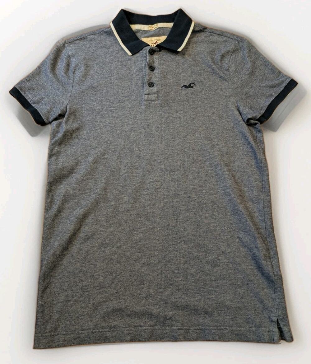 Y2K Hollister California Mens S Blue Stretch Polo Shirt Seagull Logo Preppy